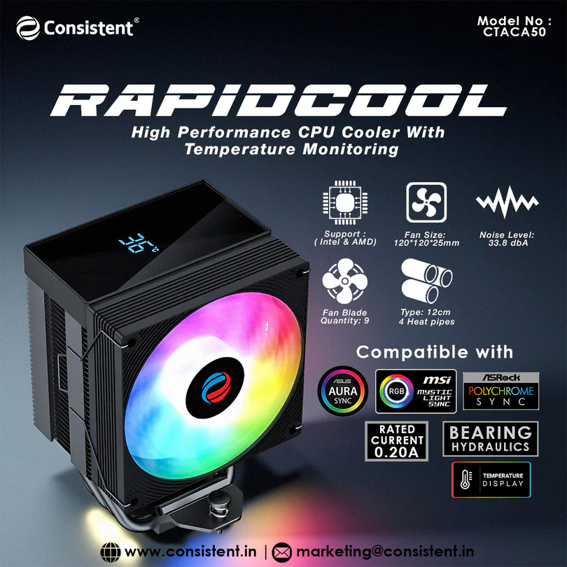 Consistent RapidCool ARGB CPU Fan 120mm with Temperature Display (CTACA50)