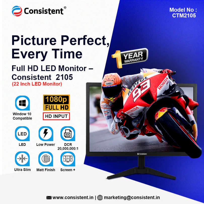 Consistent LED Monitor 22 Inch 1920 x 1080 Pixels